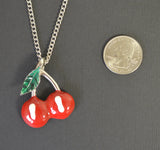 Retro Red Cherries and Green Leaf Pewter Pendant Necklace NK-450