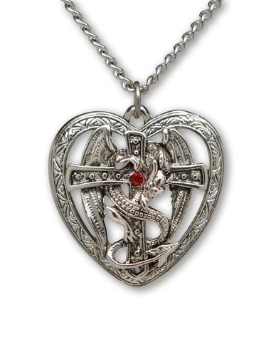 Gothic Dragon Surrounding Cross in Heart Pendant Necklace NK-458