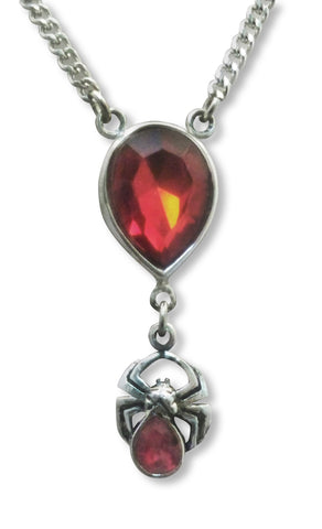 Red Teardrop Crystal with Spider Silver Pewter Pendant Necklace NK-475