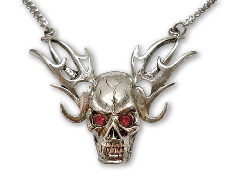 Gothic Skull on Flames with Red Austrian Crystals Pendant Necklace NK-485