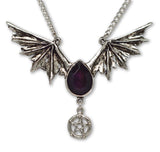 Gothic Bat Wings with Black Drop and Pentacle Pendant Necklace NK-501B
