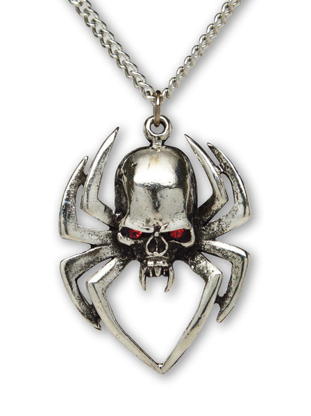 Gothic Spider Skull Head with Red Austrian Crystals Pewter