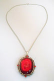 Vampire Blood Red Cabochon Pendant Necklace Set in Silver Pewter Frame NK-608