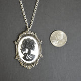 Gothic Lolita Skull Cameo Black on White in Silver Frame Pendant Necklace NK-629BW