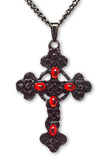 Gothic Filigree Cross Black Finish with Red Stones Pewter Pendant Necklace NKB-379