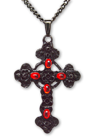 Gothic Filigree Cross Black Finish with Red Stones Pewter Pendant Necklace NKB-379