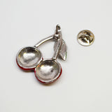 Retro Cherry Jacket or Hat Pin Classic Pewter Red and Green Enamel P-70