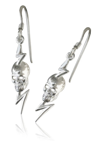 Sterling Silver Skull on Lightning Bolt Dangle Earrings SS010